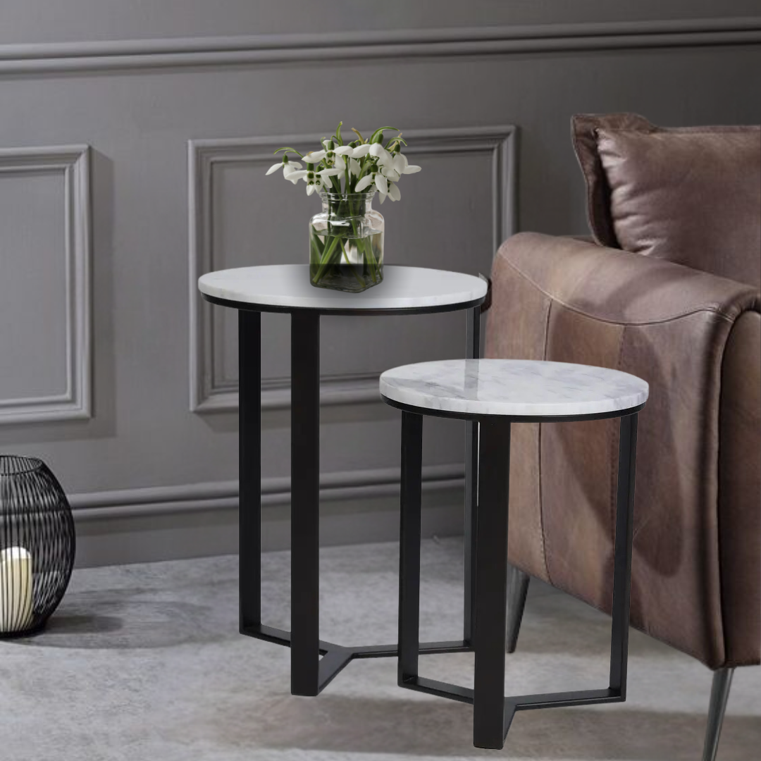 EthnoGlow Kavy Marble Nesting Tables - Set of 2 In Black Finish