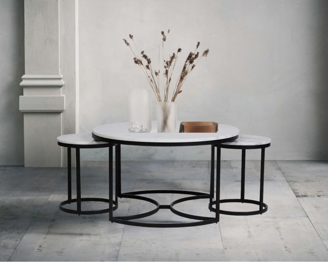 EthnoGlow Keya Marble Top Nesting Coffee Table In Black Finish