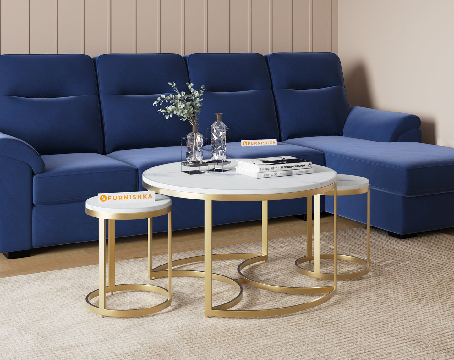EthnoGlow Keya Marble Top Nesting Coffee Table In Gold Finish