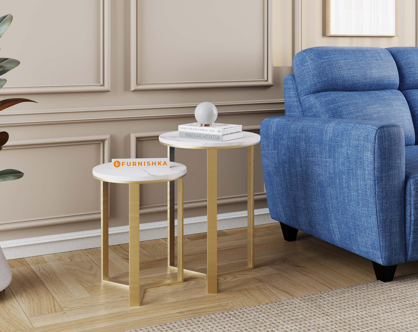 EthnoGlow Kavy Marble Nesting Table - Set of 2 In Gold Finish