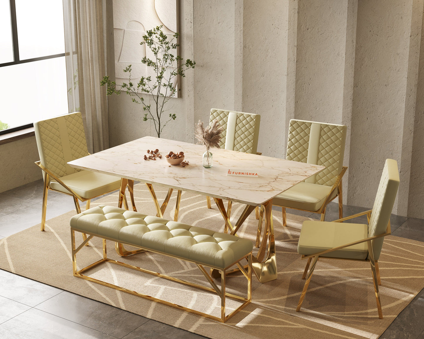 Dolce 6 Seater Dining Table - Rosso Brescia Marble Top