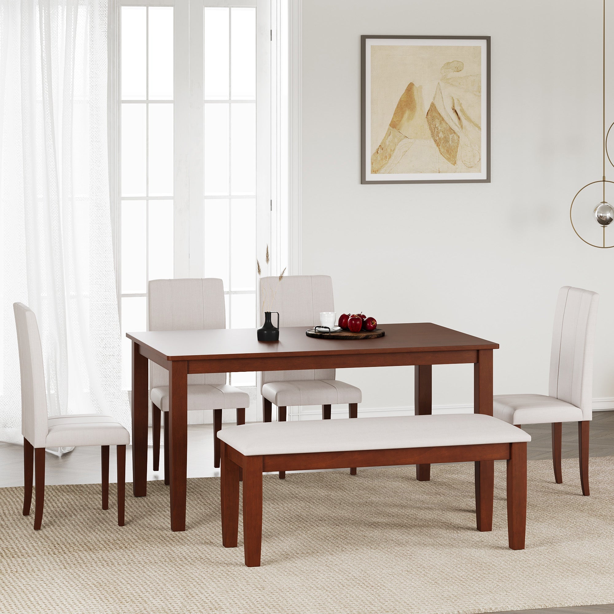 Golden Mayer Elderberry  Rubber Wood 6-Seater Dinning Table | 4-Fully Cushioned Fabric Dining Chair  | 1-Cushioned Fabric Dining Bench in Walnut Finish