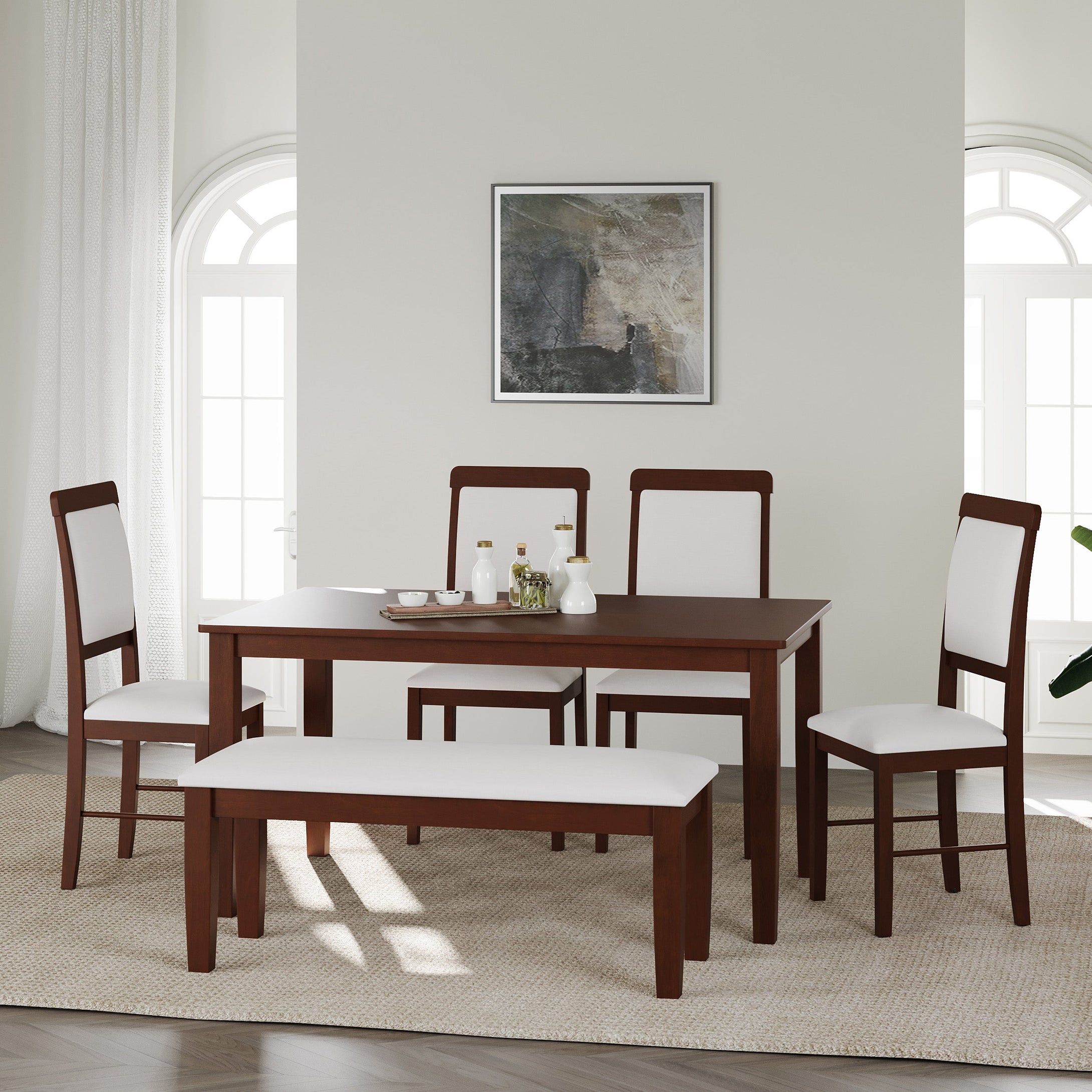 Golden Mayer Elderberry Solid  Wood 6-Seater Dinning Table | 4-Cushioned Fabric Dining Chair  | 1-Cushioned Fabric Dining Bench in Walnut Finish