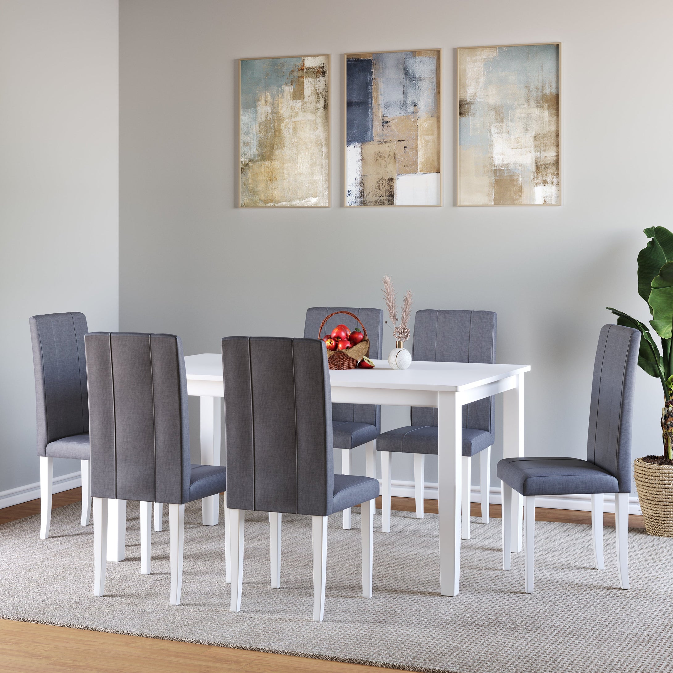 Golden Mayer Elderberry Solid Rubber Wood 6-Seater Dinning Table | 6-Fully Cushioned Fabric Dining Chair in White Finish