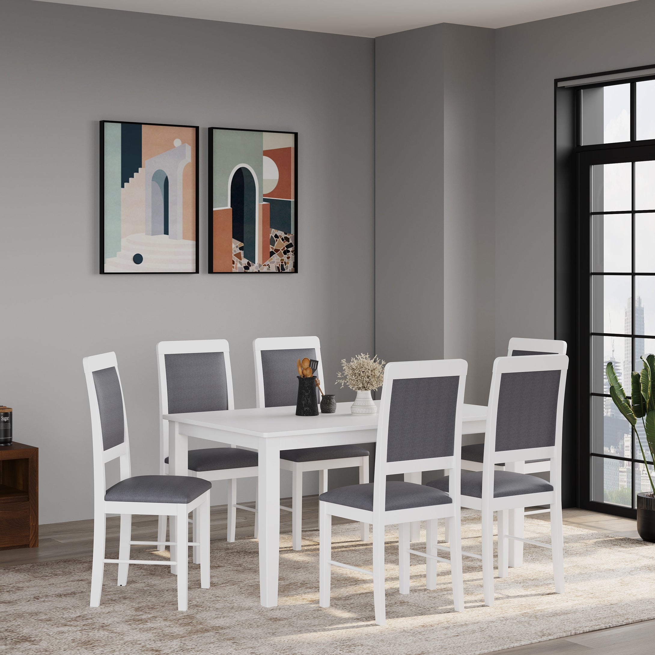 Golden Mayer Elderberry Solid Rubber Wood 6-Seater Dinning Table | 6-Cushioned Fabric Dining Chair in White Finish