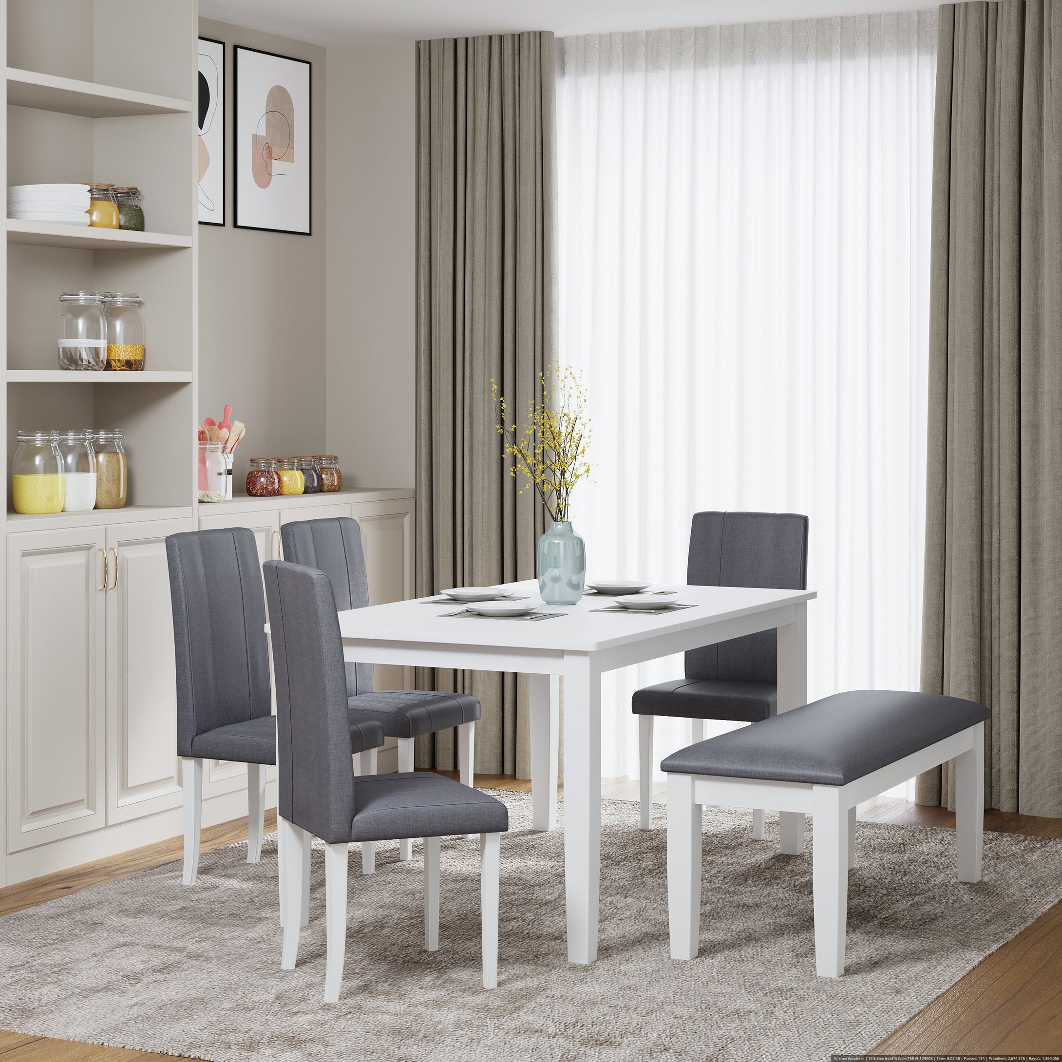 Golden Mayer Elderberry Solid Rubber Wood 1-Cushioned Fabric Dining Bench in White Finish