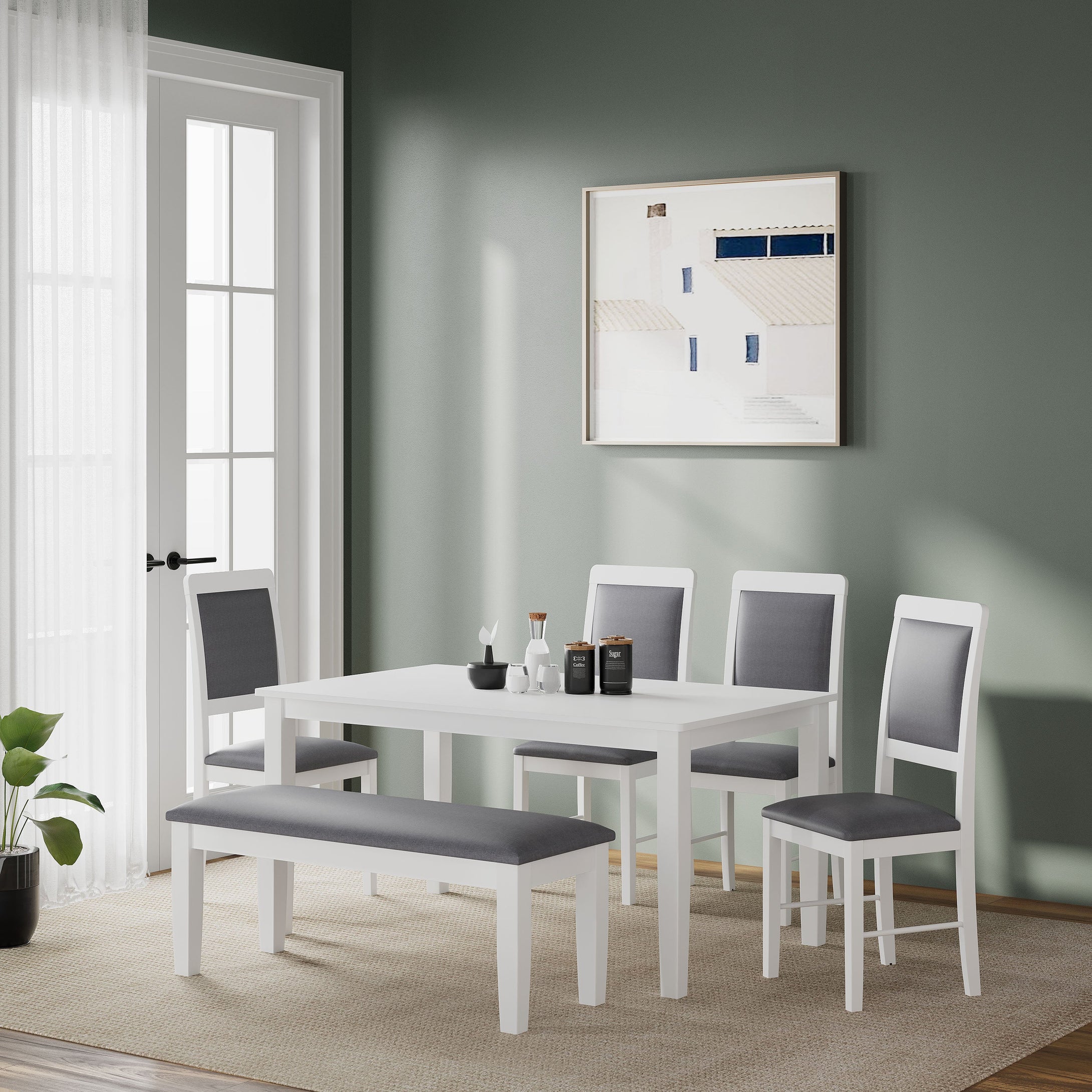 Golden Mayer Elderberry Solid Rubber Wood 6-Seater Dinning Table | 4-Cushioned Fabric Dining Chair  | 1-Cushioned Fabric Dining Bench in White Finish