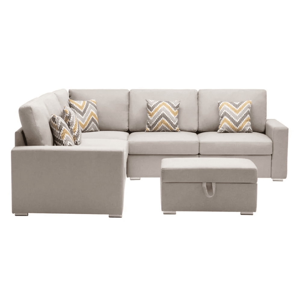 Nollon Linen Fabric Sectional Sofa with Pillows and Storage Ottoman