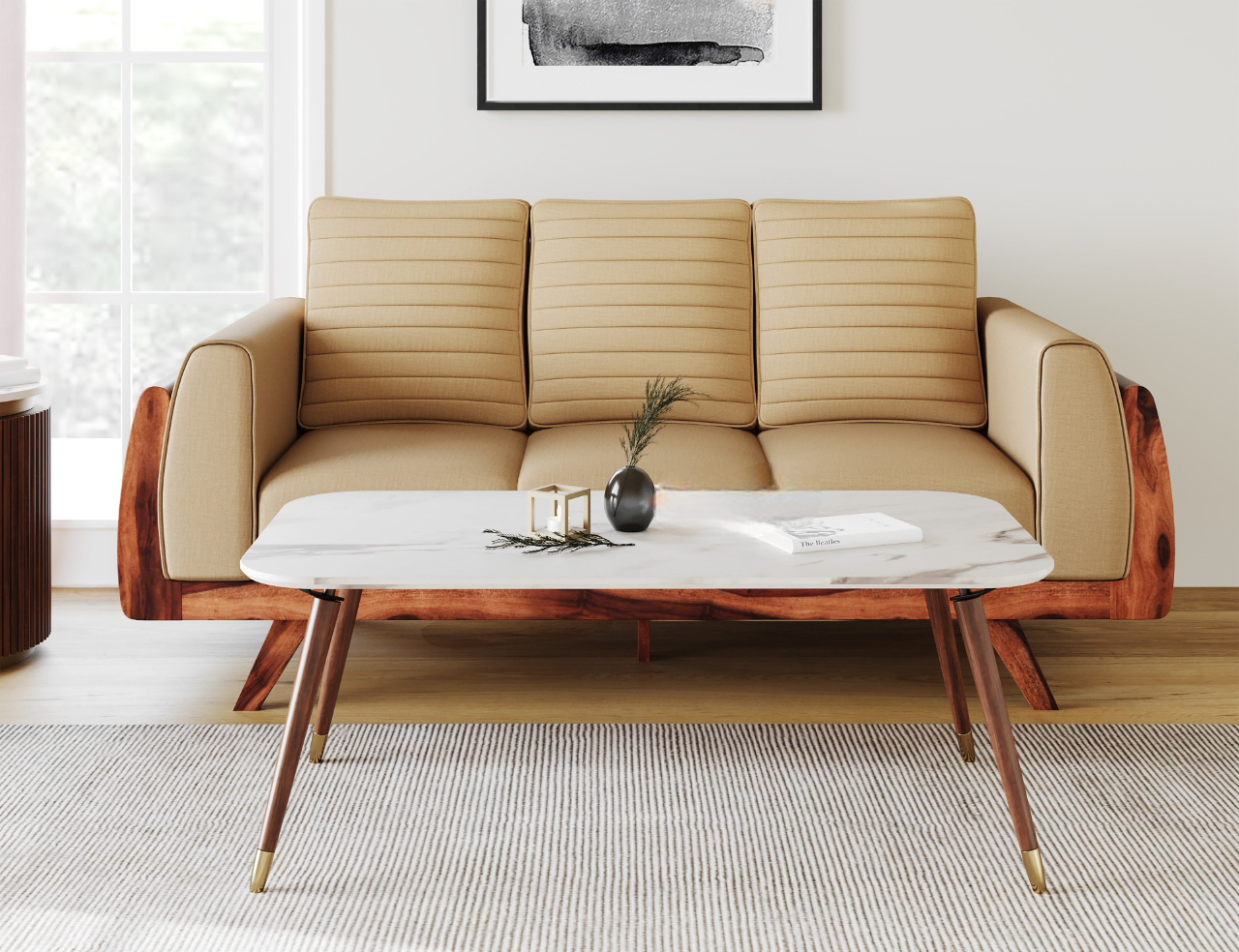 Fresco White Marble Coffee Table In Dark Walnut Finish