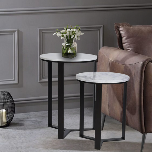 EthnoGlow Kavy Marble Nesting Tables - Set of 2 In Black Finish