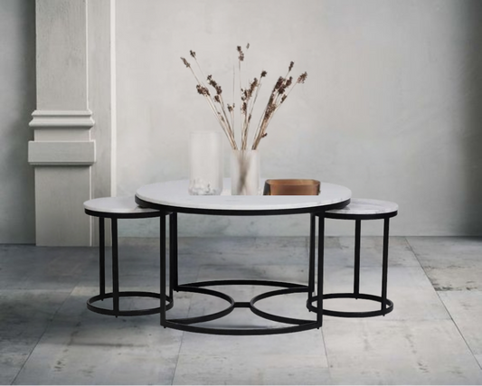 EthnoGlow Keya Marble Top Nesting Coffee Table In Black Finish