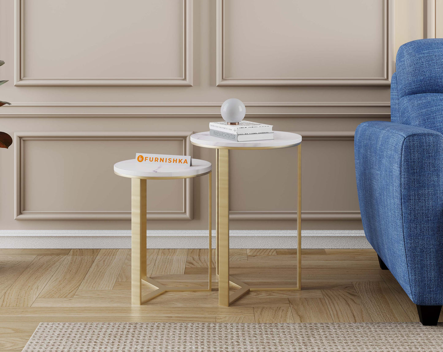 EthnoGlow Kavy Marble Nesting Table - Set of 2 In Gold Finish