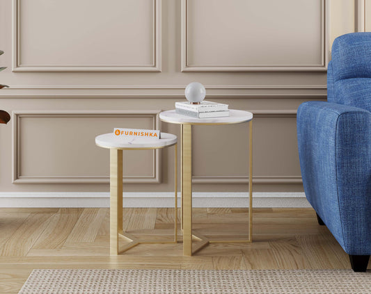EthnoGlow Kavy Marble Nesting Table - Set of 2 In Gold Finish