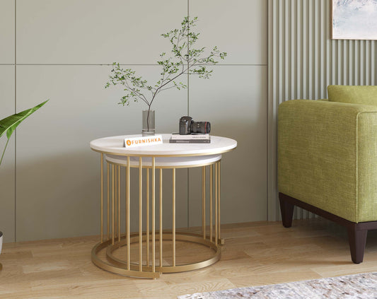 Yular Real Marble Nesting Table In Gold Finish
