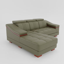 Load image into Gallery viewer, Leather Sofa Rossato | Adjustable Headrest &amp; Wooden Panel Armrests | Premium Design with Console Options: Speakers, Storage, &amp; Cup Holders | Direct from Factory
