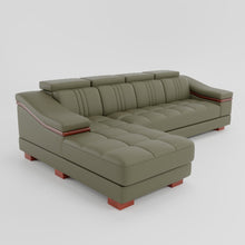 Load image into Gallery viewer, Leather Sofa Rossato | Adjustable Headrest &amp; Wooden Panel Armrests | Premium Design with Console Options: Speakers, Storage, &amp; Cup Holders | Direct from Factory
