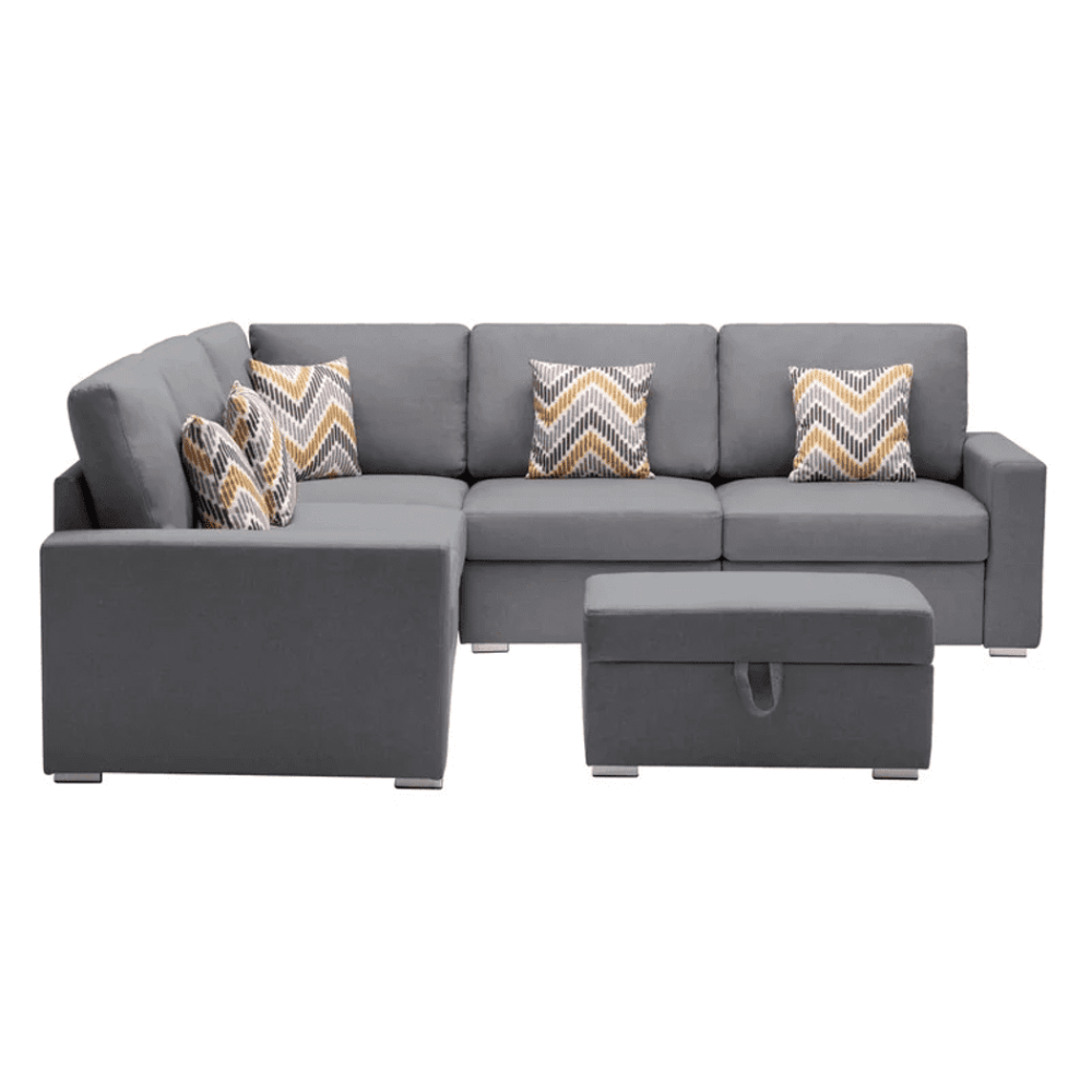 Nollon Linen Fabric Sectional Sofa with Pillows and Storage Ottoman