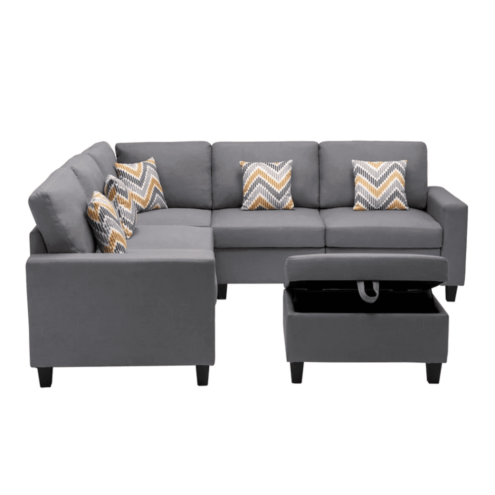 Nollon Linen Fabric Sectional Sofa with Pillows and Storage Ottoman