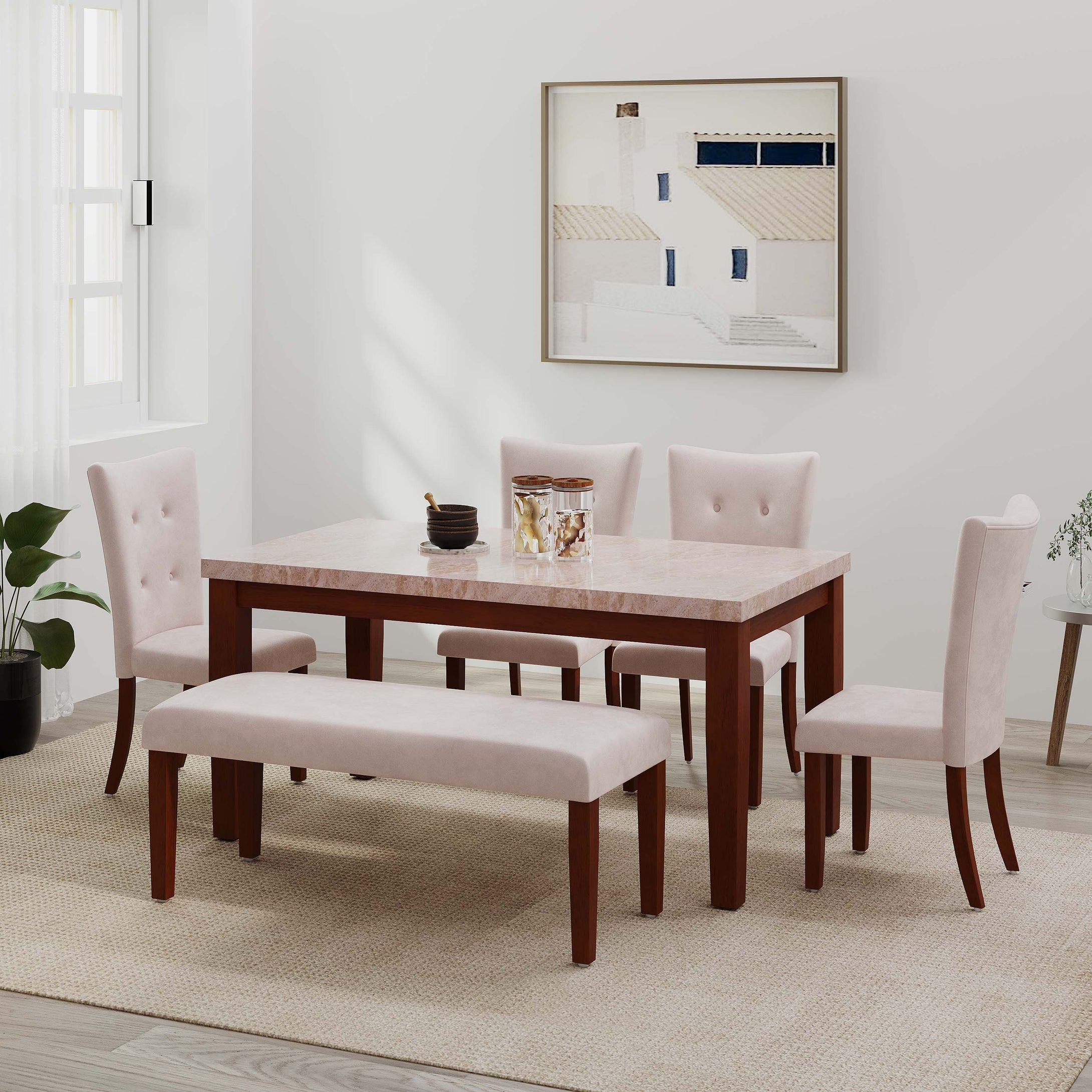 Golden Mayer Anemone Solid wood 6-Seater Marble Top Dining Table With 4 Upholstery Chairs And 1 Bench in Walnut Color