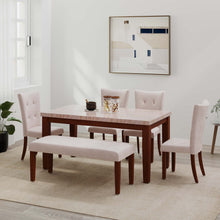 Load image into Gallery viewer, Golden Mayer Anemone Solid wood 6-Seater Marble Top Dining Table With 4 Upholstery Chairs And 1 Bench in Walnut Color

