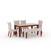 Load image into Gallery viewer, Golden Mayer Anemone Solid wood 6-Seater Marble Top Dining Table With 4 Upholstery Chairs And 1 Bench in Walnut Color
