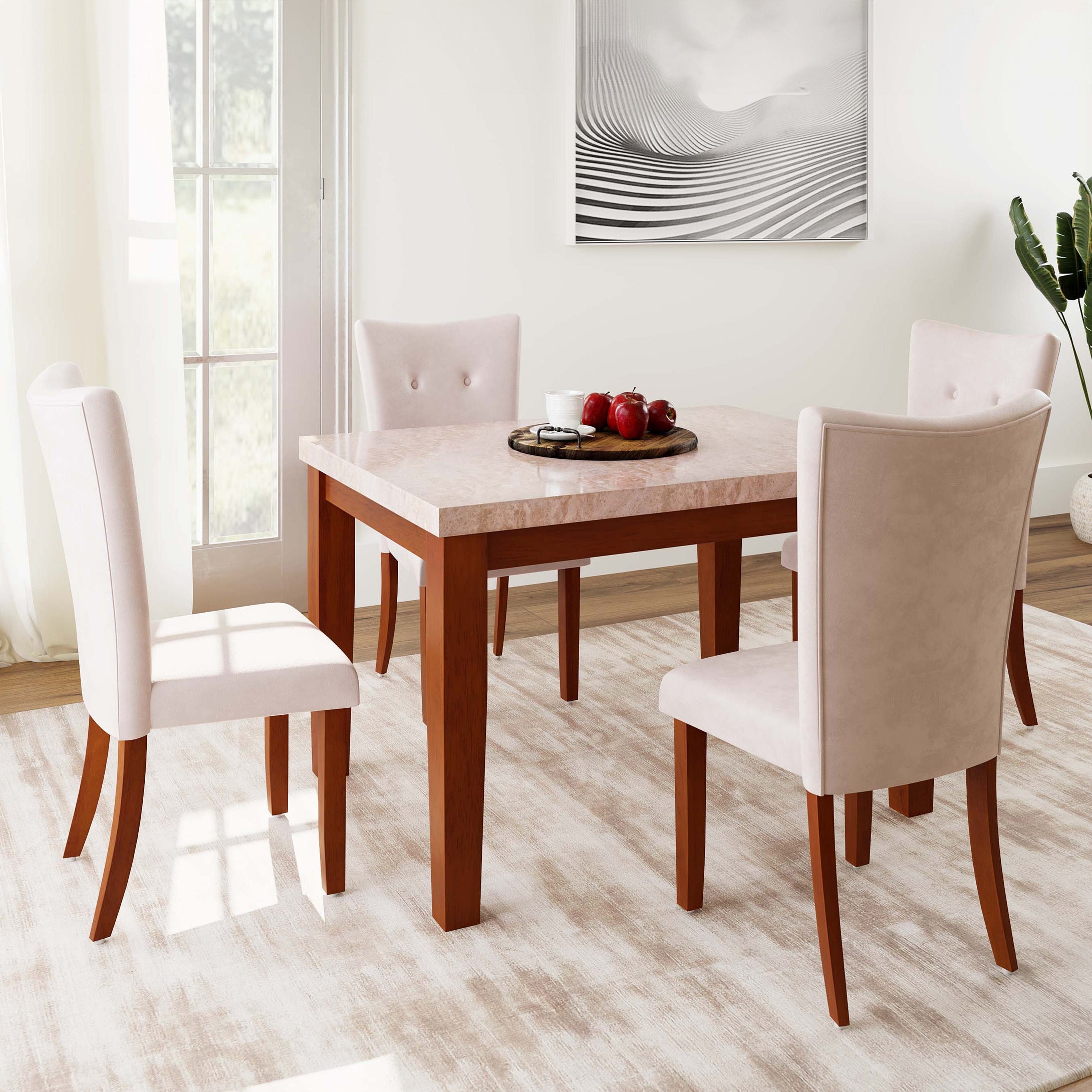 Golden Mayer Anemone Solid wood 4-Seater Marble Top Dining Table With 4 Upholstery Chairs in Walnut Color