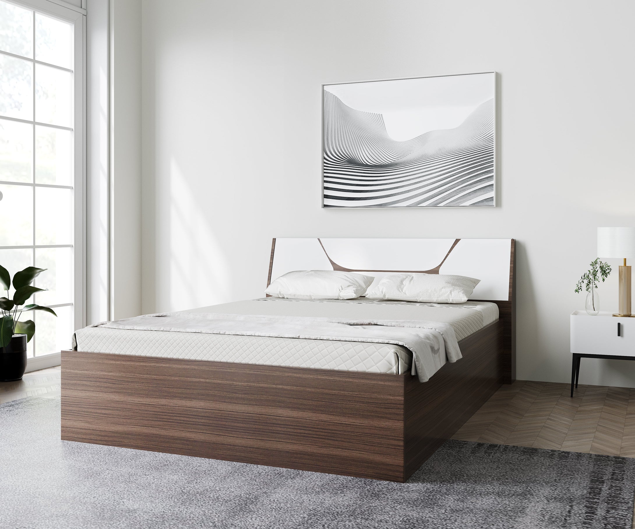 Golden Mayer Dhalia King Size Bed With Storage In Dark Acacia With Frosty White Colour