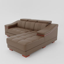 Load image into Gallery viewer, Leather Sofa Rossato | Adjustable Headrest &amp; Wooden Panel Armrests | Premium Design with Console Options: Speakers, Storage, &amp; Cup Holders | Direct from Factory
