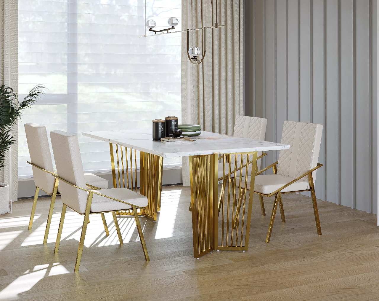Pearsk Dining Table with White Engineered Marble Top - 4 Seater
