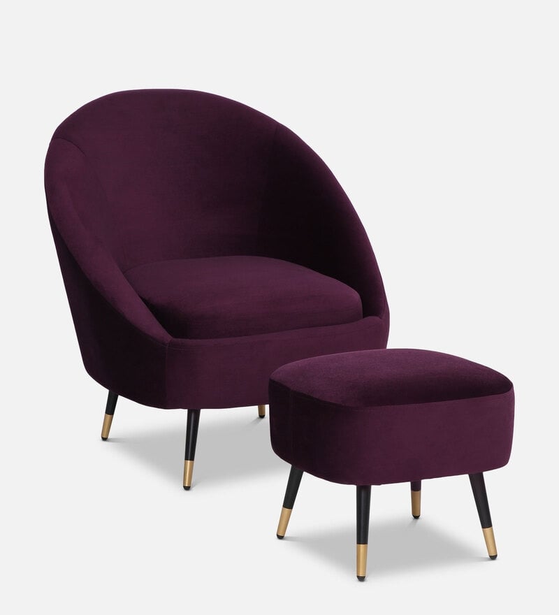 Mariana Velvet Finish Barrel Chair with Foot Stool in Wine Colour