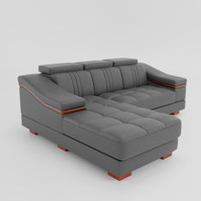 Load image into Gallery viewer, Leather Sofa Rossato | Adjustable Headrest &amp; Wooden Panel Armrests | Premium Design with Console Options: Speakers, Storage, &amp; Cup Holders | Direct from Factory
