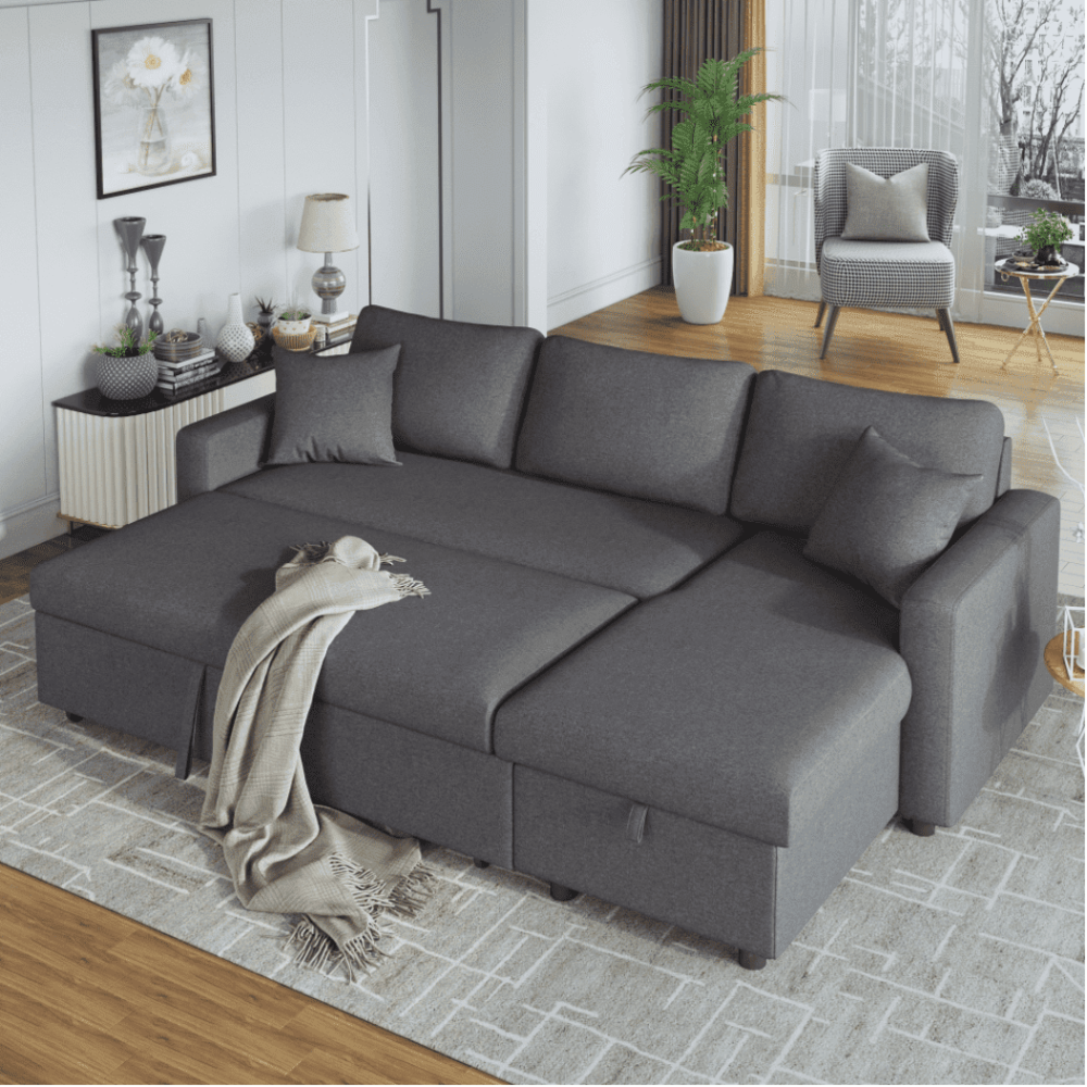 Glossy L-Shaped Sectional Storage Sofa Cum Bed