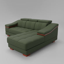 Load image into Gallery viewer, Leather Sofa Rossato | Adjustable Headrest &amp; Wooden Panel Armrests | Premium Design with Console Options: Speakers, Storage, &amp; Cup Holders | Direct from Factory
