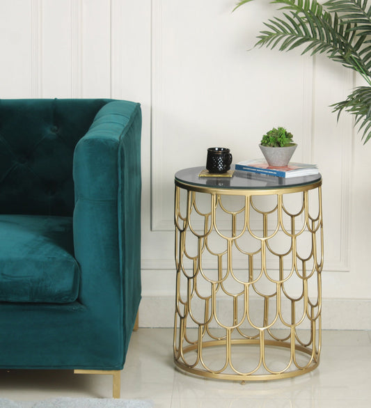 Pearl Black Glass Side Table In Gold Finish