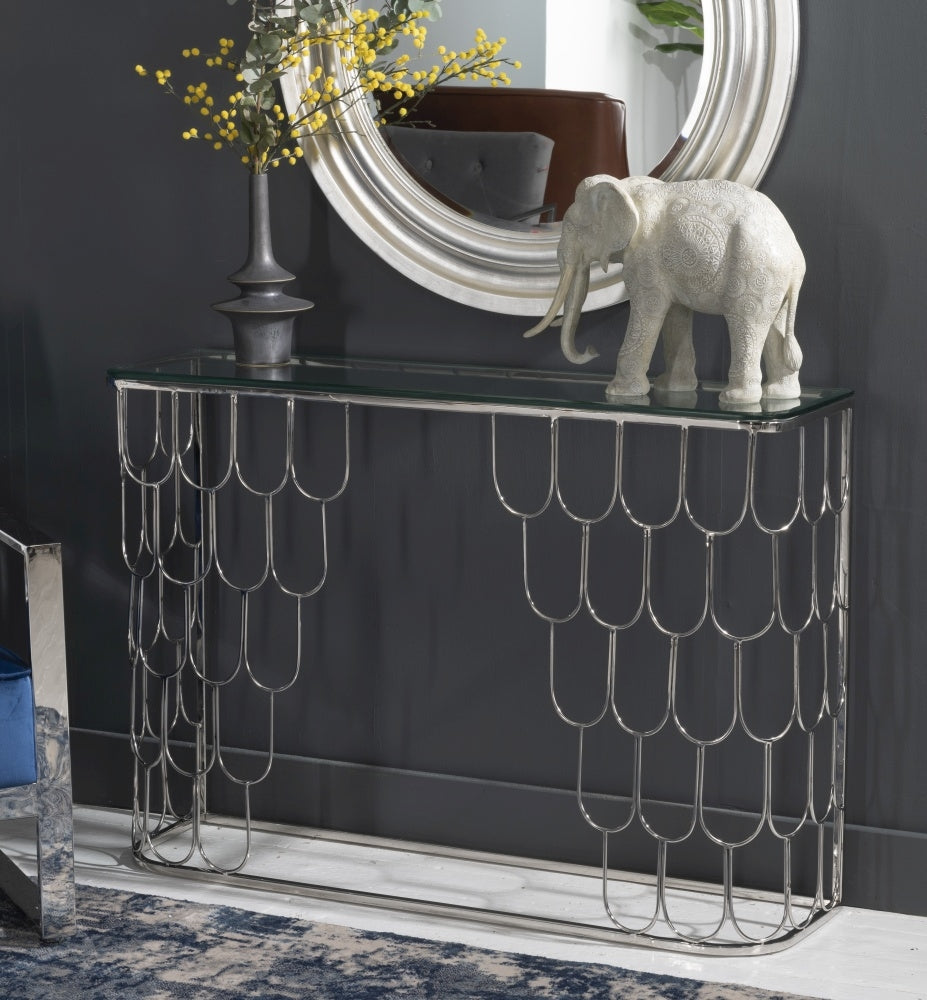 Pearl Glass Console Table In Chrome Finish