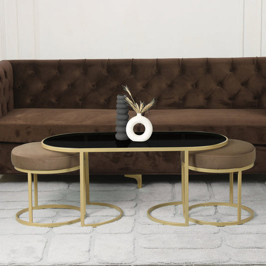 Cassel Nesting Black Glass Coffee Table Set With 2 Stools In Gold Finish