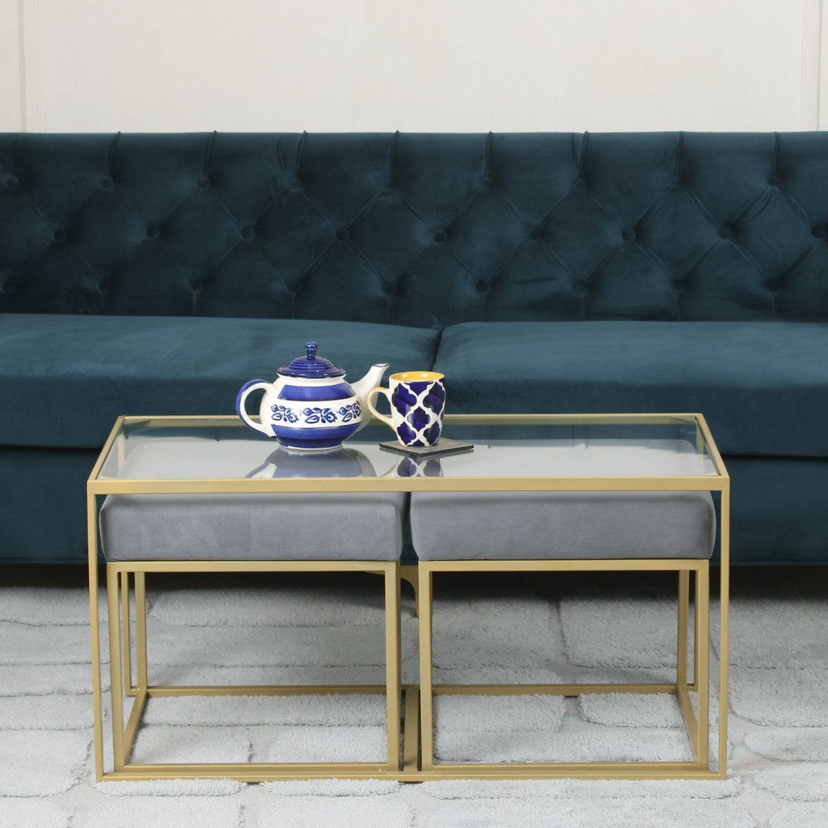 Cassel Nesting Clear Glass Coffee Table Set With 2 Stools In Gold Finish