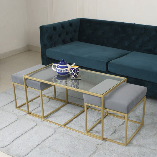 Cassel Nesting Clear Glass Coffee Table Set With 2 Stools In Gold Finish