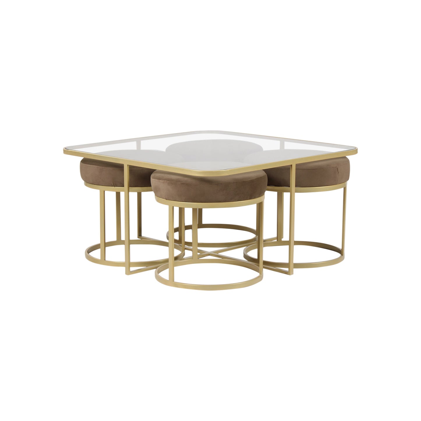 Cassel Nesting Clear Glass Coffee Table Set With 4 Stools In Gold Finish